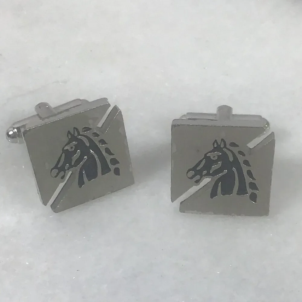 Vintage Silver Tone Equestrian Horse Head Cutout Square Cufflinks